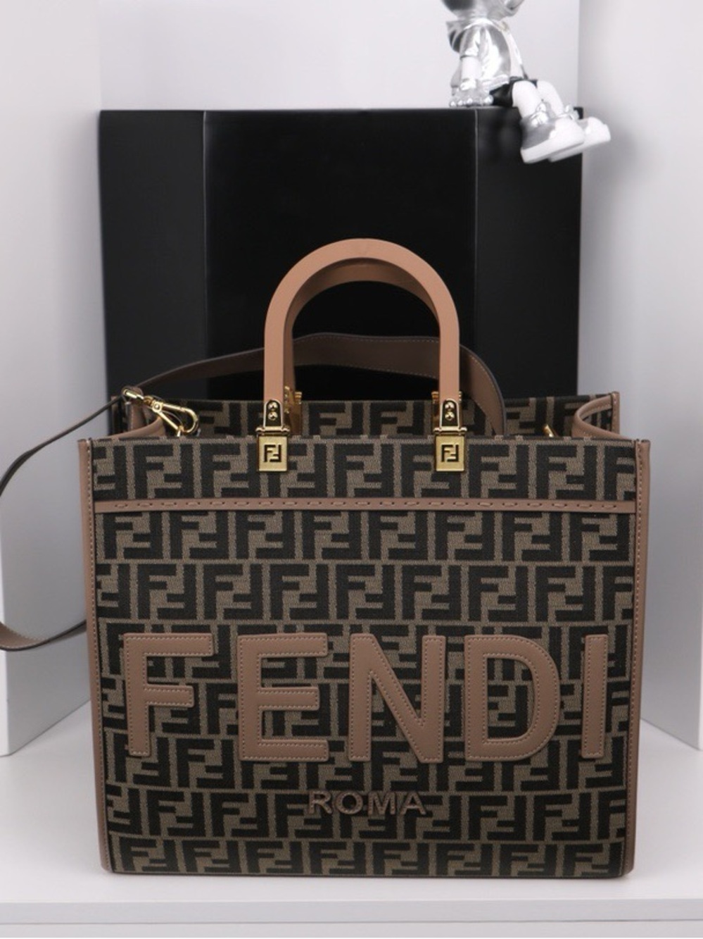 Bat Fendi Brown & Black FF Logo Tote with Leather Trim